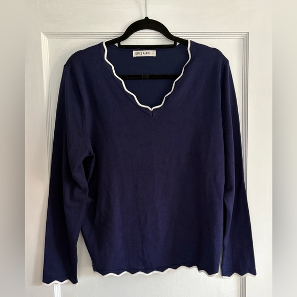 Grace Karin Sweaters - Women's Grace Karin Blue Scalloped V-Neck Sweater Size Large